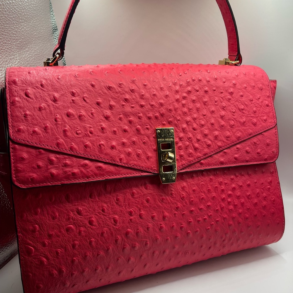Henri Bendel Pink Ostrich-Embossed Satchel with Duster Bag